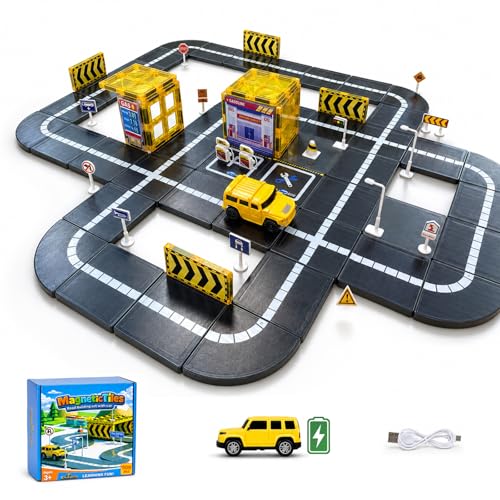 Creotownia 100-Piece Magnetic Road Tiles Expansion Set,Includes Sensor-Guided Car that Follows Road Lines + Traffic Signs,Compatible with Most Major Magnetic Tile,STEM Building Toy for Kids Ages 4–12