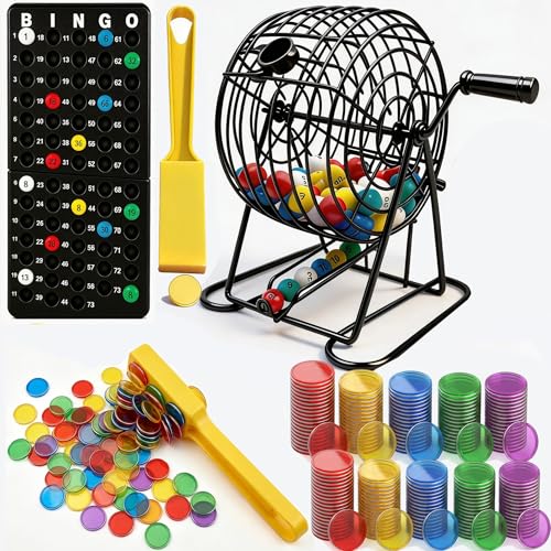 Criskrfan Bingo Game Set with Bingo Chips&Wands-Metal Cage, Master Board,Colored Balls, Mix Colors Bingo Chips &Bingo Wands,Ideal for Large Groups,Party Entertainment for Christmas & Party Supplies