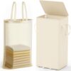 Criusia Laundry Hamper with Lid and Foot Pedal, 100L Fabric Laundry Basket with Removable Mesh Bag, Slim Foldable Design for Bathroom and Laundry Room (Beige)