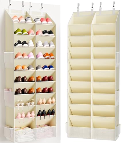 Criusia Over the Door Shoe Organizer, 20-30 Pairs Heavy-Duty Hanging Shoe Storage with Large Pockets, 10-Tier Door Shoe Rack with 4 Hooks for Sneakers Sandals Heels Boots (Beige)