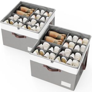 Criusia Shoe Organizer for Closet, 2 Pack Foldable Shoe Storage Organizer Box Bin with Adjustable Dividers and Clear Cover, Closet Shoe Storage for Sneakers Sandals Boots, Fit 16-32 Pairs, Gray