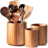 Criusia Utensil Holder 3 Pack, 360° Rotating Acacia Wood Cooking Utensil Crocks for Kitchen Counter, Farmhouse & Modern Decor, (1 Large, 1Medium, 1 Small)