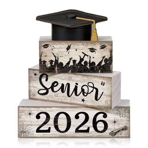 CroBlissful 4 Pcs Senior 2026 Decorations Graduation Photo Booth Props Class of 2026 Table Decoration Graduation Wooden Block Centerpiece Sign Farmhouse Congratulate Gift for Home Shelf