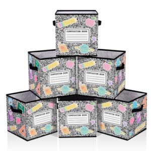 CroBlissful 6 Pcs 11 Inch Foldable Fabric Storage Cube Bins Colorful Pencil Print Classroom Must Have Collapsible Cubby Basket Bins with Handles Back to School Supplies for Classroom Home Organizer