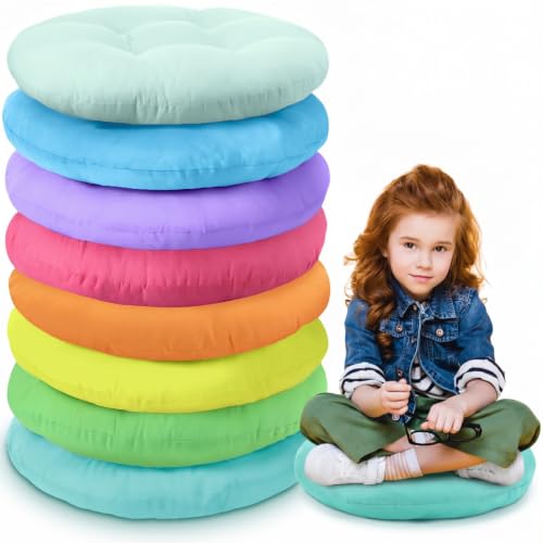 CroBlissful 8 Pcs 16 Inch Floor Cushions for Kid, Flexible Seating for Classroom Elementary, 3.15 in Thick Round Floor Pillow, Back to School Furniture for Daycare Preschool Meditation (Candy Colors)