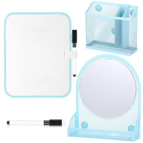 CroBlissful Set of 3 Magnetic Locker Accessories Include Mirror with Bottom Tray Magnetic Whiteboard with 2 Markers And Mesh Storage Basket for Students School Office Locker Organizer(Light Blue)