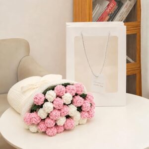 Crochet Flower Bouquet Blanket - 43" Round Soft Knit Throw with 52 Pink & White Roses, Foldable Design. Handmade Cozy Crochet Blanket, Romantic Gift for Women, Mom, Wife, Anniversaries & Birthdays