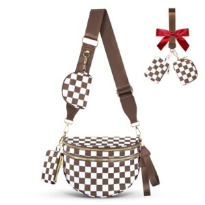 Cross Body Bag for Women Checkered Crossbody Bags Bum Bags for Women Fanny Packs for Girls Small Nylon Checkered Purse Trendy Shoulder Bag (Checkered White Brown, One Size)