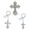 Cross Keychain and Fridge Magnet Set of 3, Silver Rhinestone Fleur De Lis and Elegant Cross Charms, Religious Gifts, Purse Accessories and Home Office Decor