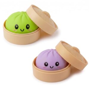 Crossunx 2PCS Bright Green & Purple Dumpling Squishies Stress Balls, Colorful Squishies Dumpling Fidget Sensory Toy with Food Steamer, Squeeze Dough Ball for Stress Relief, Stretchy Desk Toys Gift