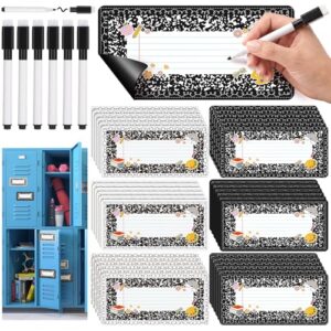 Crtiin 42 Pcs Black and White Composition Notebook Classroom Decor 36 Back to School Composition Magnetic Locker Name Tag with 6 Markers 5.2 x 2.5 Inch Magnetic Dry Erase Labels for Desk Classroom