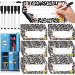 Crtiin 42 Pcs Black Composition Notebook Classroom Decor 36 Back to School Composition Magnetic Locker Name Tag with 6 Markers 5.2 x 2.5 Inch Magnetic Dry Erase Labels for Desk Classroom