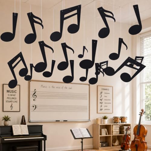 Crtiin 48 Pcs Music Classroom Decor Back to School Music Notes Cutouts Hanging Decorations for Classroom Preschool Elementary DIY Craft for Musical Birthday Party 4 Style 3 Size with Fishing Line