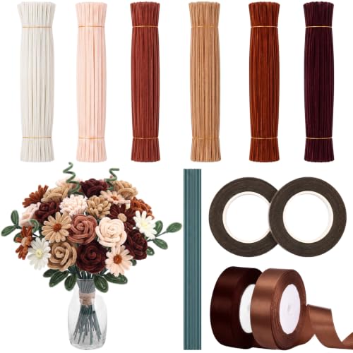 Crtiin 624 Pcs Pipe Cleaner Flower Kit Boho Neutral Chenille Stems DIY Pipe Cleaner Flowers Craft Floral Wire Tape Ribbon Handmade Chenille Stem Art Home Decor DIY Crafts Flower Making Kit
