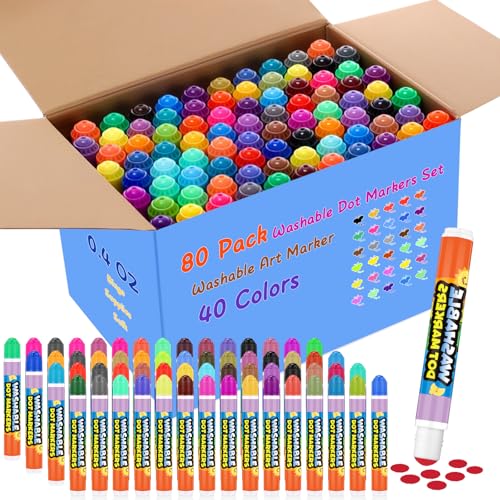 Crtiin 80 Pack Dot Markers for Toddlers and Kids, 40 Colors Bingo Daubers Bulk, Art Washable Paint for Kids, Bingo Markers, Toddler Arts and Crafts, Kindergarten Classroom Must Haves
