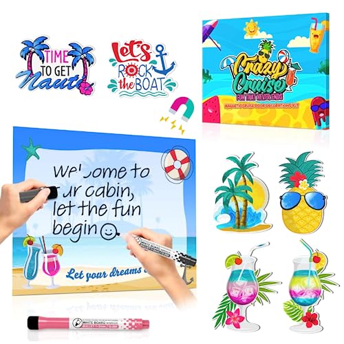 Cruise Door Decorations Magnetic Set - Large Magnetic Dry Erase Board 11x13 inch, 6 Fun Cruise Door Magnets, 2 Magnetic Markers & Eraser