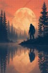 Cryptid Creature Wooden Jigsaw Puzzle 500 Pieces for Adults Full Moon Pine Trees Mountains Lake Reflection Mystical Silhouette Landscape Gift for Mystery Lovers Home Decor