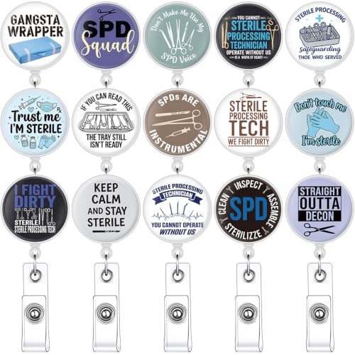 Ctosree 15 Pcs Sterile Processing Badge Reel Gifts Retractable ID Badge Holder Bulk Clip Cute Reel Lanyards for Hospital SPD Tech Surgical Tech First Assistant ICU Nurse Student Work Accessories