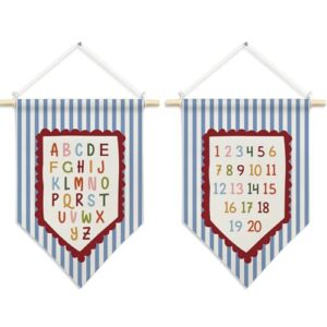 CUANFDDSF Alphabet Numbers Classroom Wall Art, Kids Room Wall Decor Hanging Pennant Flag, Blue Striped Educational Canvas Banner Decorations for Classroom Kids Room Bedroom Decor, 11x15 Inch Set of 2