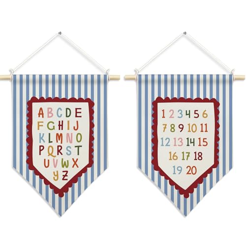 CUANFDDSF Alphabet Numbers Classroom Wall Art, Kids Room Wall Decor Hanging Pennant Flag, Blue Striped Educational Canvas Banner Decorations for Classroom Kids Room Bedroom Decor, 11x15 Inch Set of 2