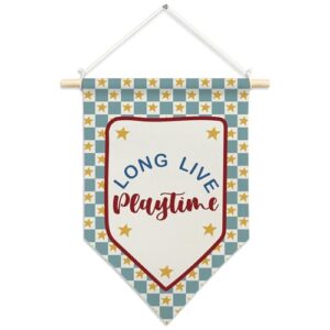 CUANFDDSF Kids Playroom Wall Art, Long Live Playtime Wall Decor Hanging Pennant Flag, Retro Blue Checkered Canvas Banner Decorations for Kids Nursery Room Playroom Classroom Decor, 11x15 Inch