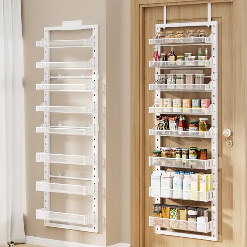 CUISIBOT 8 Tier Pantry Door Organizer, 2 IN 1 Over the Door Pantry Organizer with Metal Adjustable Baskets,Spice Rack Wall Mount or Door Organizer, Door Spice Rack for Pantry