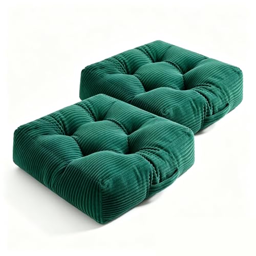 CunaVire Square Floor Pillow, 6-Inch Thick Floor Cushion with PP Cotton Filling, Soft Corduroy Supportive Floor Seating for Living Room, Office, 22 x 22 Inches (Dark Green, 2 Pack)