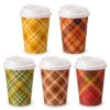 Cunhill 100 Set 12oz Fall Thanksgiving Coffee Cup Bulk with Lid and Sleeves Disposable Autumn Paper Hot Cups Maple Leaves Pumpkin Harvest Drinking Supplies for Holiday Fall Party Drink(Buffalo Plaid)