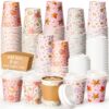 Cunhill 100 Set 9oz Fall Thanksgiving Coffee Cup Bulk with Lid and Sleeves Disposable Autumn Paper Hot Cups Maple Leaves Pumpkin Harvest Drinking Supplies for Holiday Fall Party (Pink Style)