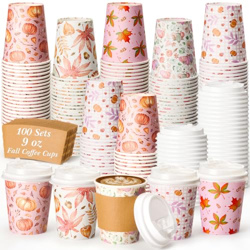 Cunhill 100 Set 9oz Fall Thanksgiving Coffee Cup Bulk with Lid and Sleeves Disposable Autumn Paper Hot Cups Maple Leaves Pumpkin Harvest Drinking Supplies for Holiday Fall Party (Pink Style)