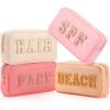 Cunno Preppy Makeup Bags Chenille Letter Stuff Bag Nylon Cosmetic Pouch Cases with Zipper for Women Travel Toiletry (Resort Colors,Classic,4 Pcs)