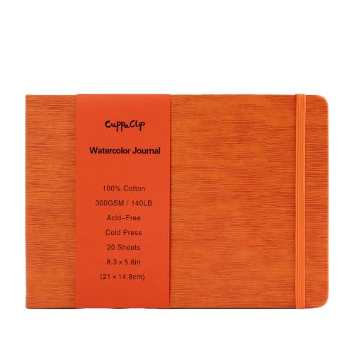 CuppaClip Leather Watercolor Journal, 300gsm/140lb 100% Cotton Cold Press Water ColorPaper, 20 Sheets Acid-Free Watercolor Sketchbook Art Notebook for Painting, Drawing, Travel (Orange, 8.3x5.8in)