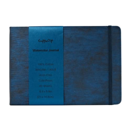 CuppaClip Leather Watercolor Journal, 300gsm/140lb 100% Cotton Cold Press Water Color Paper, 20 Sheets Acid-Free Watercolor Sketchbook Art Notebook for Painting, Drawing, Travel (Dark Blue, 8.3x5.8in)