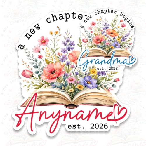 Custom A New Chapter Begins Name Sticker Personalized Text Floral Flower Books Decal Waterproof Die Cut Vinyl Decal for Water Bottle Laptop Helmet Car Phone Tablet for Girl Boy Kid