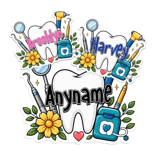 Custom Doctor Dentist Tooth Name Sticker Personalized Text Dental Hygienist Healthcare Decal Waterproof Die Cut Vinyl & Transparent DTF Decal for Water Bottle Laptop Car Helmet Gifts for Men Women