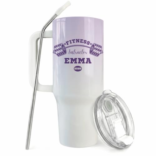 Custom Fitness Instructor 40oz Tumbler with Handle, Personalized Cute Barbell Travel Mug, Gym Cup Name Year - Violet - Zumba Dance Aerobics Class Leader Female Health Wellness Advocate Present
