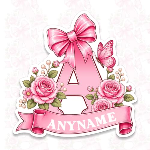 Custom Girly Flower Butterfly Name Sticker Personalized Text Monogram Floral Aesthetic Decal Waterproof Die Cut Vinyl Decal for Water Bottle Laptop Helmet Car Phone Tablet for Girl Boy Kid