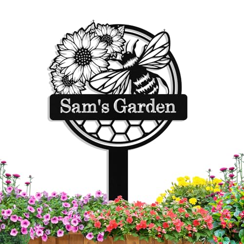 Custom Metal Bee Garden Signs with Stake, Personalized Garden Signs for Outside, Customized Name Sign Outoor Yard Lawn Gardens Decor Gardening Gifts for Grandmas Moms Gardeners