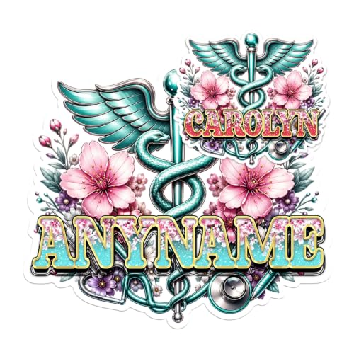 Custom RN SLP Name Sticker Personalized Text Nurse Floral Medical Healthcare Worker Decal Waterproof Die Cut Vinyl & Transparent DTF Decal for Water Bottle Laptop Car Helmet Gifts for Men Women
