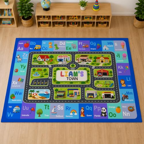 Custom Road Map Area Rug, Personalized City Street Car Rug, 5x7 Cars Truck Play Mat, Washable Non Slip Soft Town Playroom Carpet for Kids Bedroom Nursery Classroom, Back to School Decor (A5)