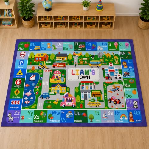 Custom Road Map Area Rug, Personalized City Street Car Rug, 5x7 Cars Truck Play Mat, Washable Non Slip Soft Town Playroom Carpet for Kids Bedroom Nursery Classroom, Back to School Decor (A2)