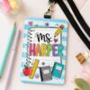 Custom Teacher ID Badge Holder with Blue Stripe Notebook,Ruler & Composition Book Design, Teacher Leather ID Card Holder, Groovy Back to School Gift, Coquette Lanyard Holder with Teacher's Name