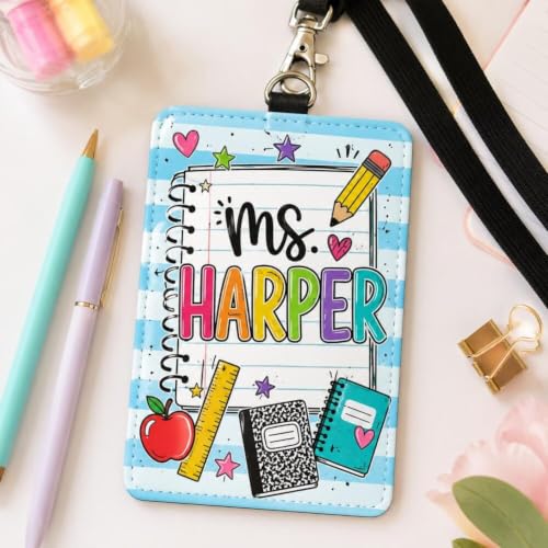 Custom Teacher ID Badge Holder with Blue Stripe Notebook,Ruler & Composition Book Design, Teacher Leather ID Card Holder, Groovy Back to School Gift, Coquette Lanyard Holder with Teacher's Name