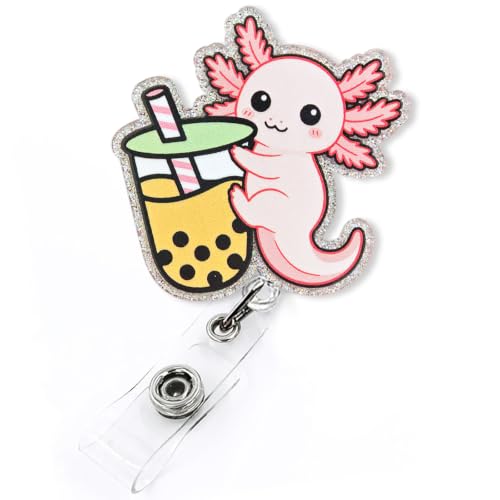 Cute Axolotl with Boba Tea Retractable Badge Reel, Cute Animal Badge ID Holder for Nurse Nursing RN CNA LPN CMA Doctor Healthcare & Medical Worker, Funny Nurses Week Gift, Axolotl Badge Reel | Acrylic