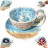 Cute Cartoon Seal Ceramic Mug,Handmade Coffee Cup with 3D Swimming Seal Figure,Novelty 3D Standing SealFigurine InsideCup With Textured Ocean Beach Seashell Saucer,'Water Me Human' Design,For Coffee