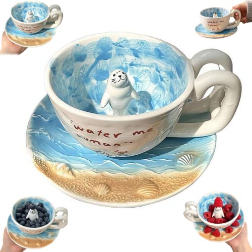Cute Cartoon Seal Ceramic Mug,Handmade Coffee Cup with 3D Swimming Seal Figure,Novelty 3D Standing SealFigurine InsideCup With Textured Ocean Beach Seashell Saucer,'Water Me Human' Design,For Coffee