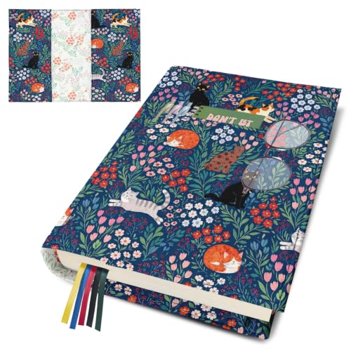 Cute Cat Adjustable Paperback Book Cover Protector, Washable Soft Canvas Fabric Book Covers with Pocket Bookmark,Double Side Floral Print Book Dust Jacket Covers for Hardcover Novel Book Lovers Gift
