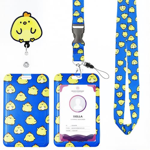 Cute Chick ID Badge Holder with Lanyard & Retractable Reel, Blue Yellow Chicken Print for ID Cards, Breakaway Lanyards for Nurse, Student,Teacher, Office Work, Women, Kids (Chick)