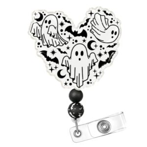 Cute Heart Spooky Ghost Black Bats Halloween Badge Reel Fall October Trick or Treat Horror Theme Nurse Nurses Nursing Staff Retractable ID Holder Name Tag Accessories Gifts for Women Men Adults