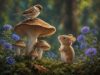 Cute Mouse and Bird on Giant Mushroom Wooden Jigsaw Puzzle 500 Pieces for Adults Purple Wildflowers Mossy Forest Floor Whimsical Nature Illustration Gift for Nature Lovers Home Decor
